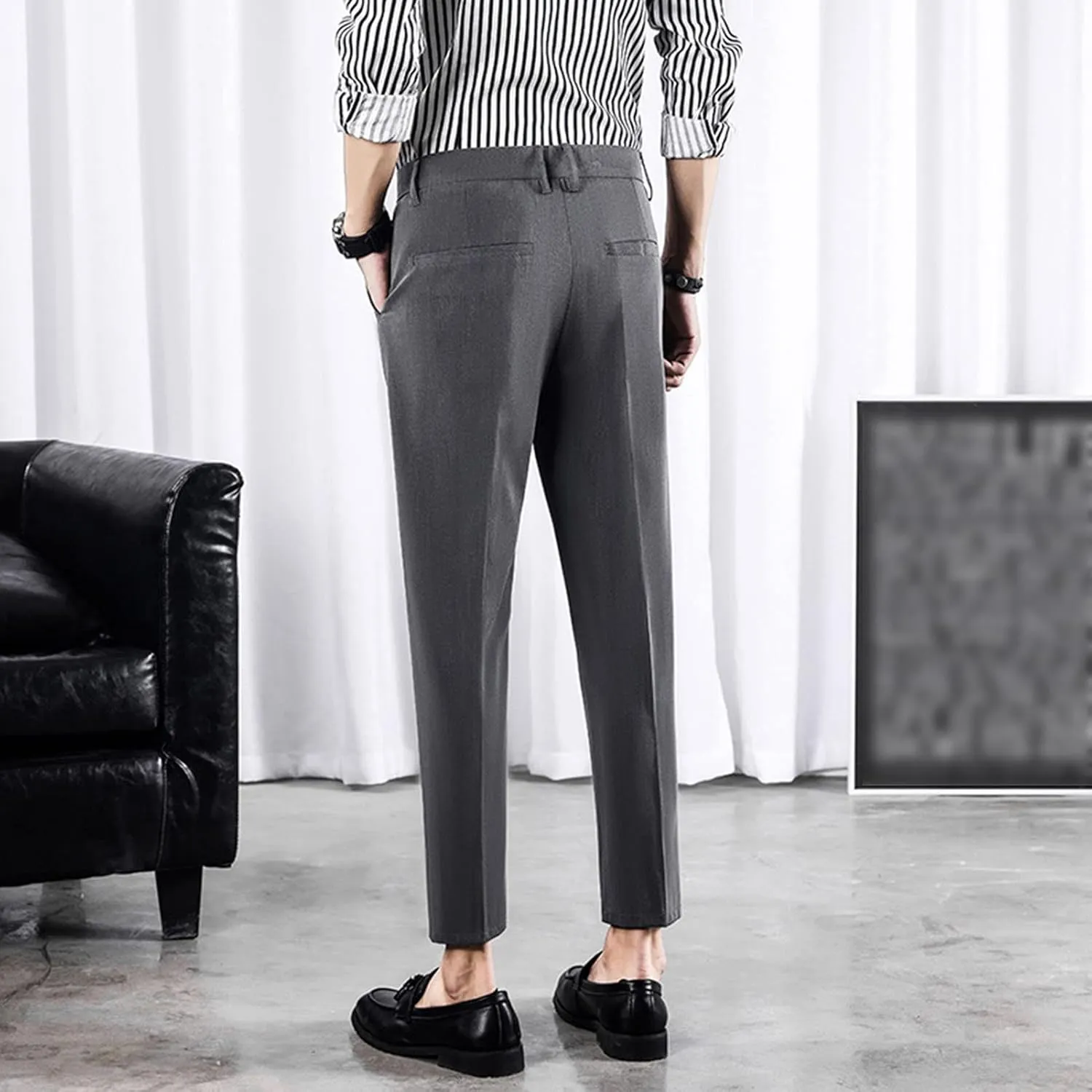 Men's Cropped Suit Pants Stretch Skinny Fit Casual Business Pant Slim Fit Tapered Ankle Dress Chino Trousers