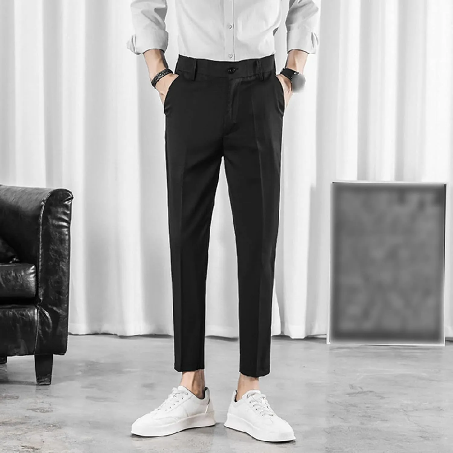 Men's Cropped Suit Pants Stretch Skinny Fit Casual Business Pant Slim Fit Tapered Ankle Dress Chino Trousers
