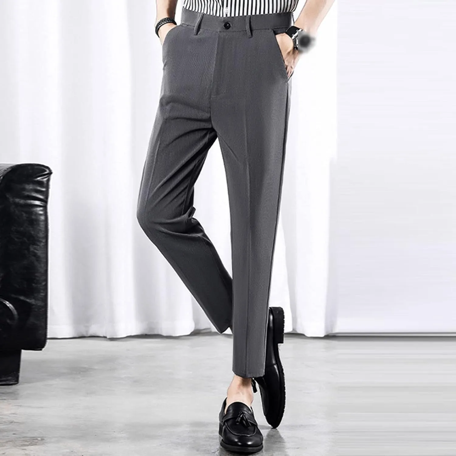 Men's Cropped Suit Pants Stretch Skinny Fit Casual Business Pant Slim Fit Tapered Ankle Dress Chino Trousers