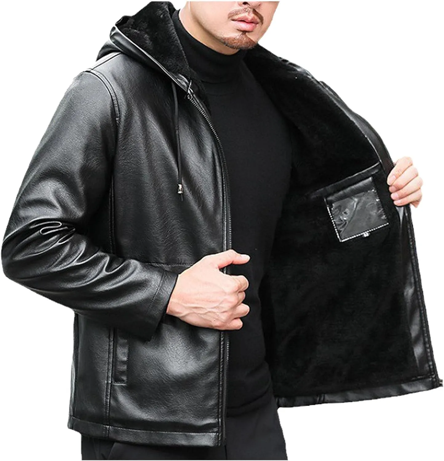 Men's Faux Leather Jacket with Hood Warm Winter Coats Fleece Lined Motorcycle Jackets Full Zip Bomber Leather Jacket