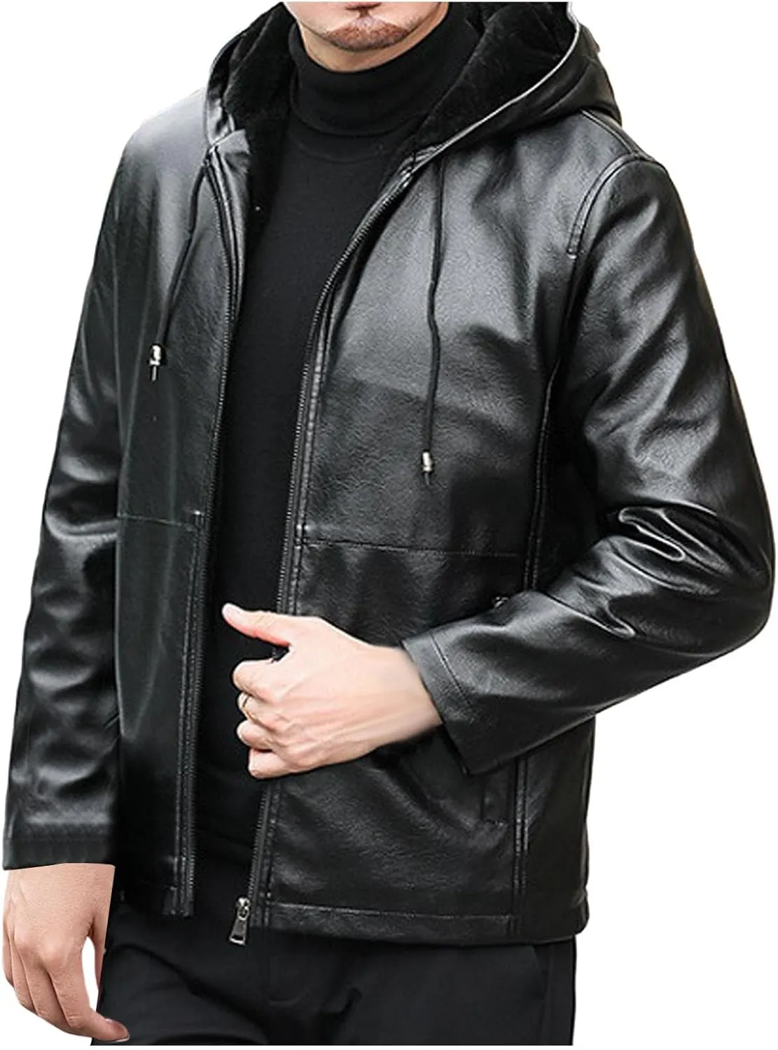 Men's Faux Leather Jacket with Hood Warm Winter Coats Fleece Lined Motorcycle Jackets Full Zip Bomber Leather Jacket