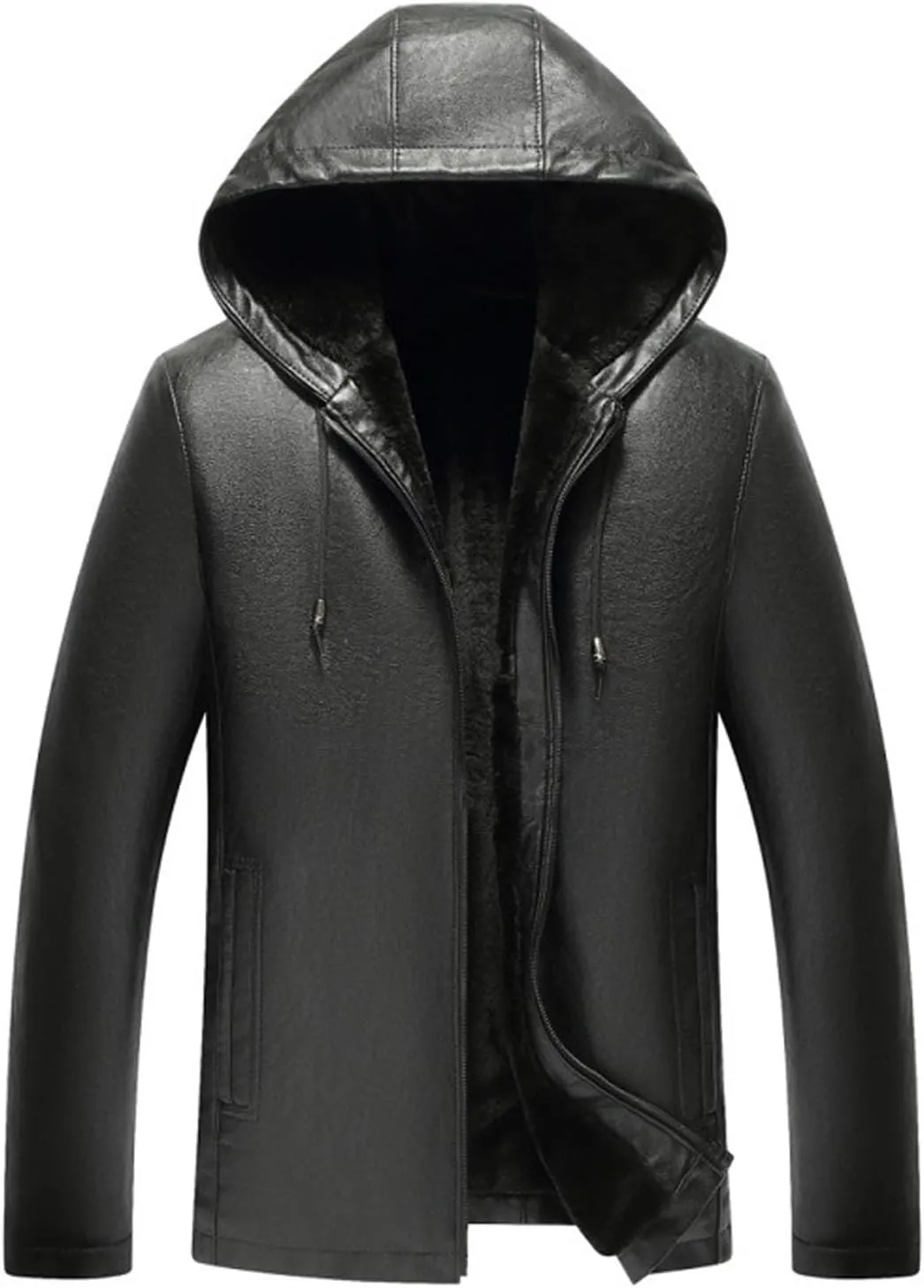 Men's Faux Leather Jacket with Hood Warm Winter Coats Fleece Lined Motorcycle Jackets Full Zip Bomber Leather Jacket