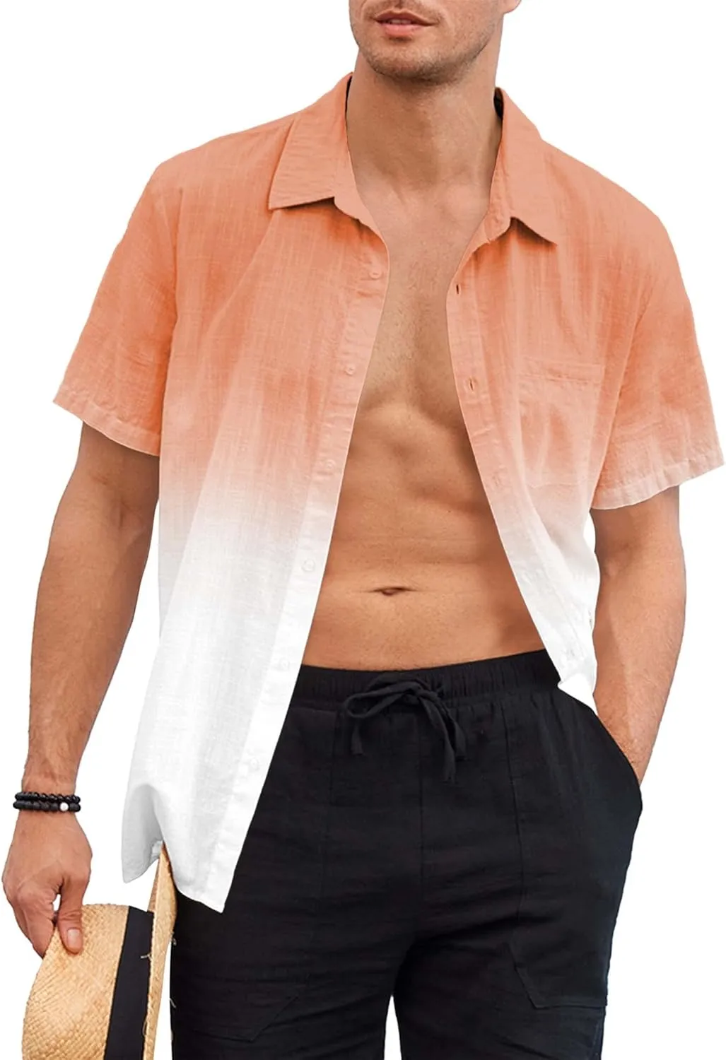 Mens Gradient Linen Shirts Casual Button Down Short Sleeve Beach Summer Shirts