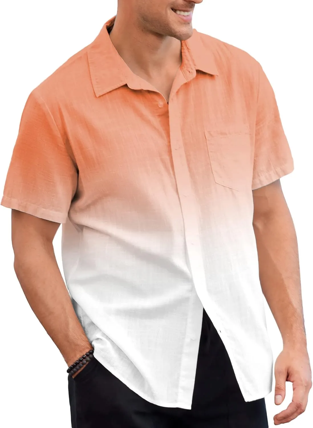 Mens Gradient Linen Shirts Casual Button Down Short Sleeve Beach Summer Shirts