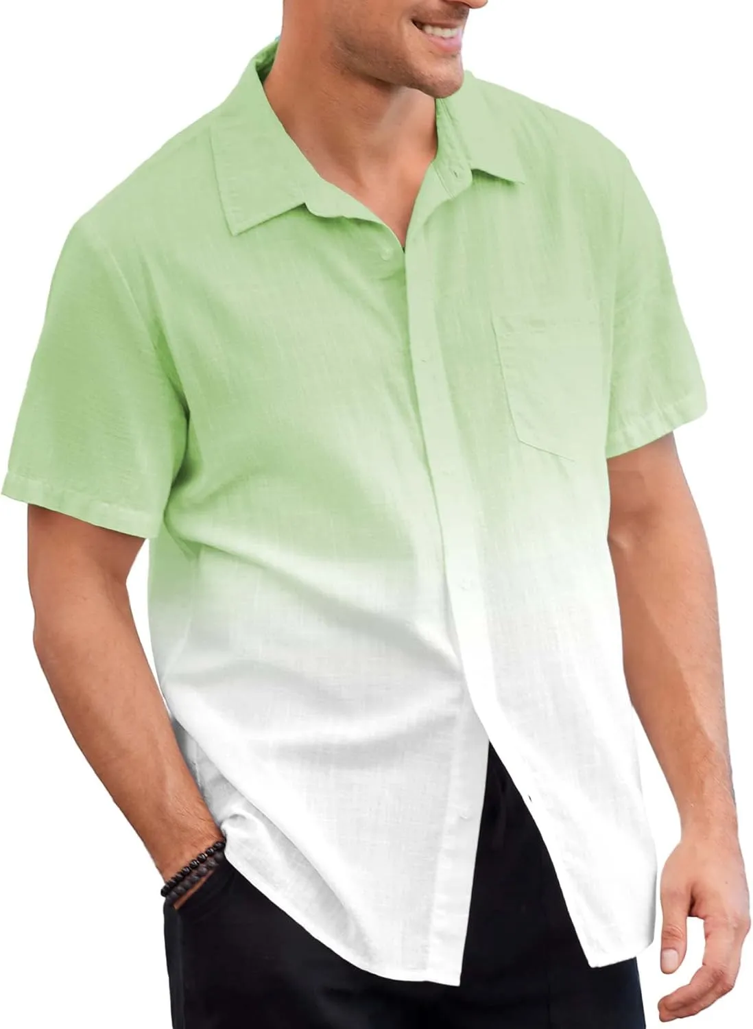 Mens Gradient Linen Shirts Casual Button Down Short Sleeve Beach Summer Shirts