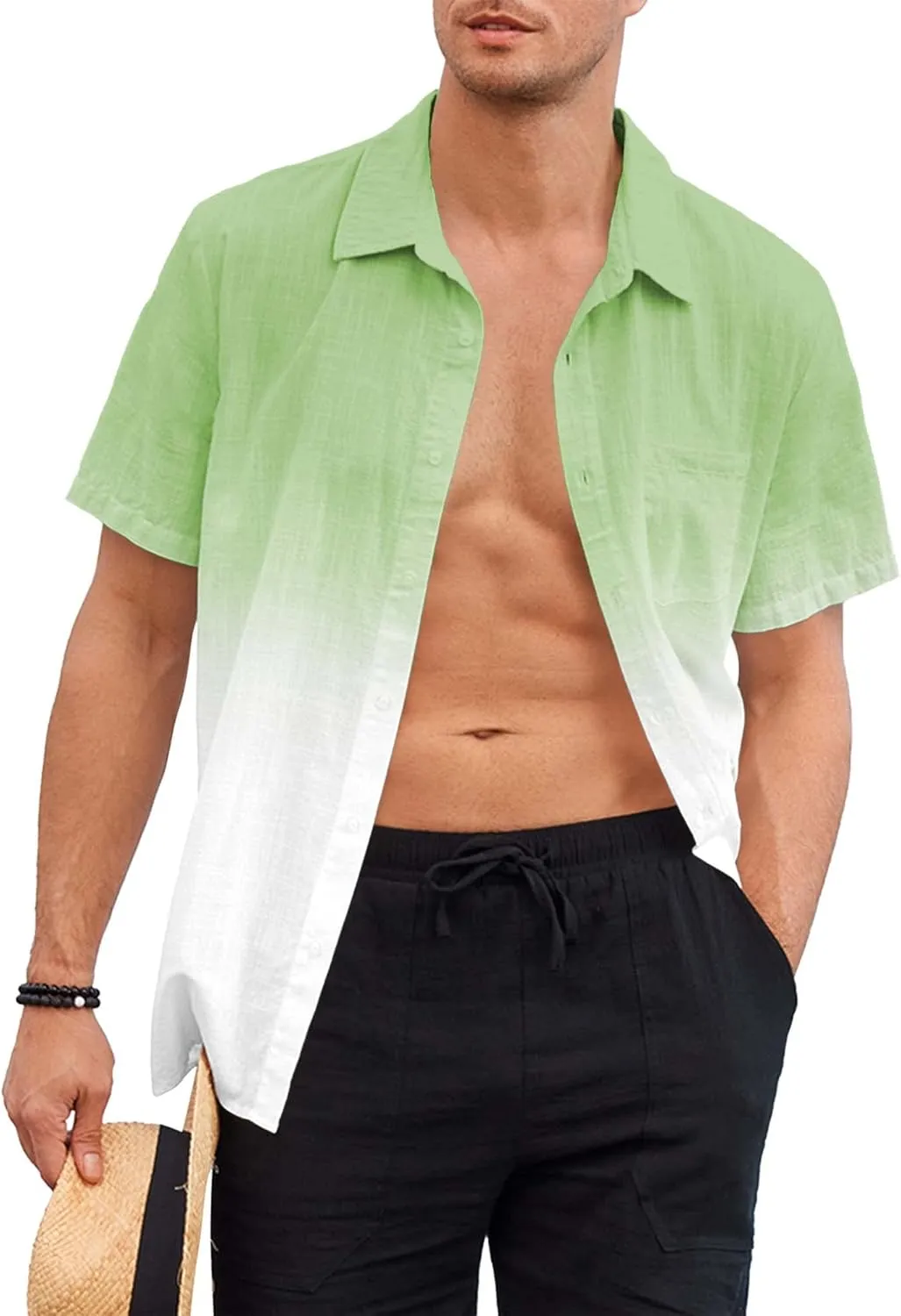 Mens Gradient Linen Shirts Casual Button Down Short Sleeve Beach Summer Shirts