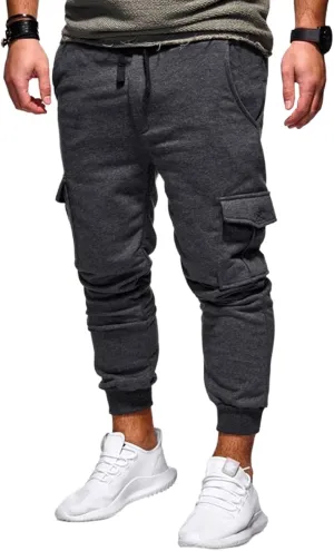 Men's Heavyweight Cargo Fleece Joggers Stretch Elastic Waist Sweatpants Sports Pants Drawstring Trousers