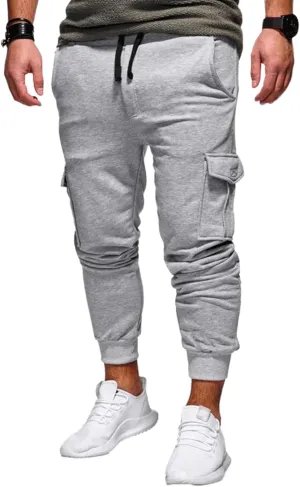 Men's Heavyweight Cargo Fleece Joggers Stretch Elastic Waist Sweatpants Sports Pants Drawstring Trousers