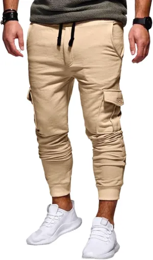 Men's Heavyweight Cargo Fleece Joggers Stretch Elastic Waist Sweatpants Sports Pants Drawstring Trousers