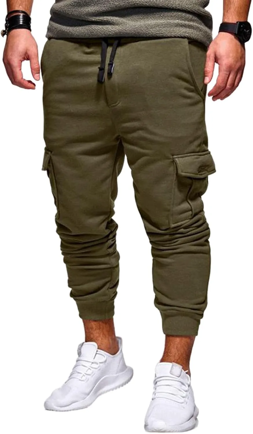 Men's Heavyweight Cargo Fleece Joggers Stretch Elastic Waist Sweatpants Sports Pants Drawstring Trousers