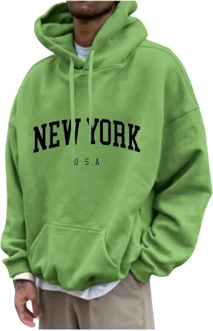 Mens Hoodies,New York Print Hoodies Long Sleeve Oversized Sweatshirts Casual Drawstring Pullover With Hood