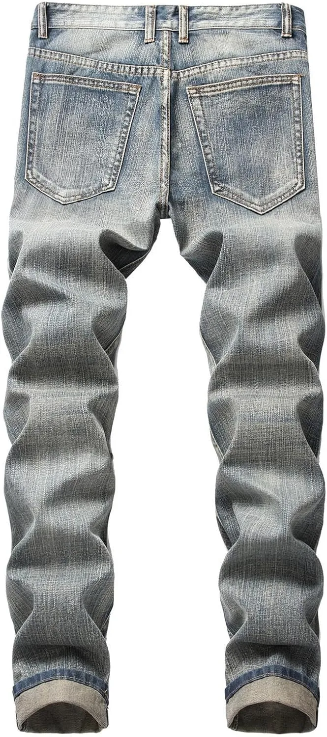 Men's Jeans Stretch Straight Wash Casual Sport Slim Fit Jeans Drawstring Elasticated Waist Denim Pants with Pockets