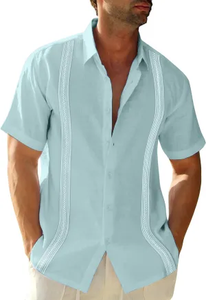 Mens Linen Cuban Guayabera Button Down Shirts Short Sleeve Casual Summer Beach Tops