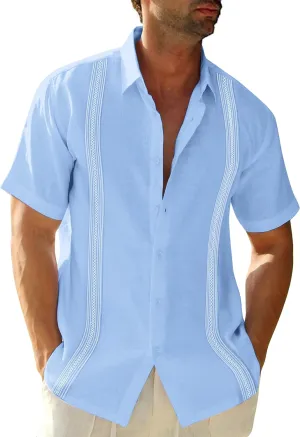 Mens Linen Cuban Guayabera Button Down Shirts Short Sleeve Casual Summer Beach Tops
