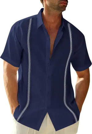 Mens Linen Cuban Guayabera Button Down Shirts Short Sleeve Casual Summer Beach Tops