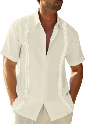Mens Linen Cuban Guayabera Button Down Shirts Short Sleeve Casual Summer Beach Tops