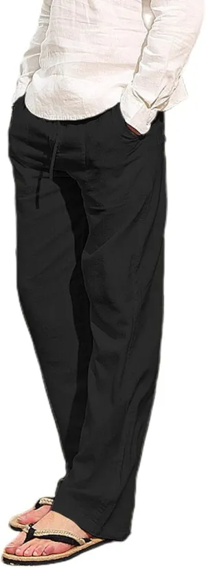 Mens Linen Drawstring Pants Summer Beach Lightweight Elastic Waist Casual Jogger Yoga Pants