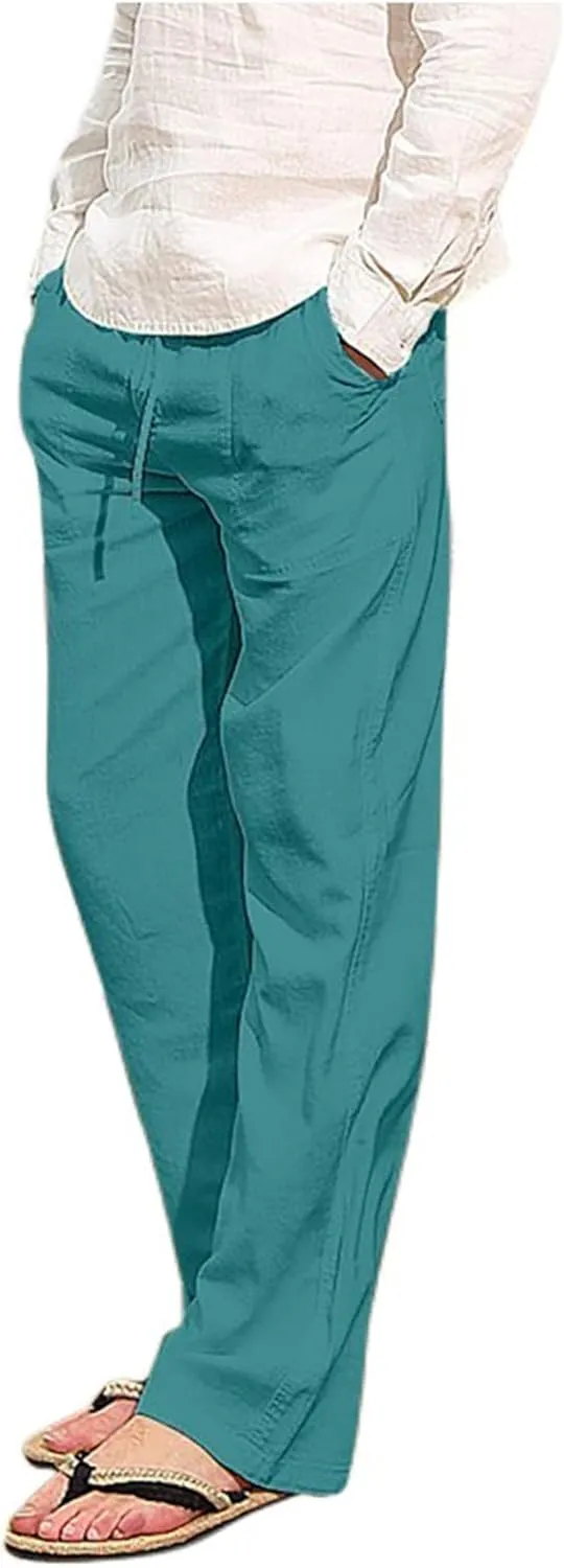 Mens Linen Drawstring Pants Summer Beach Lightweight Elastic Waist Casual Jogger Yoga Pants