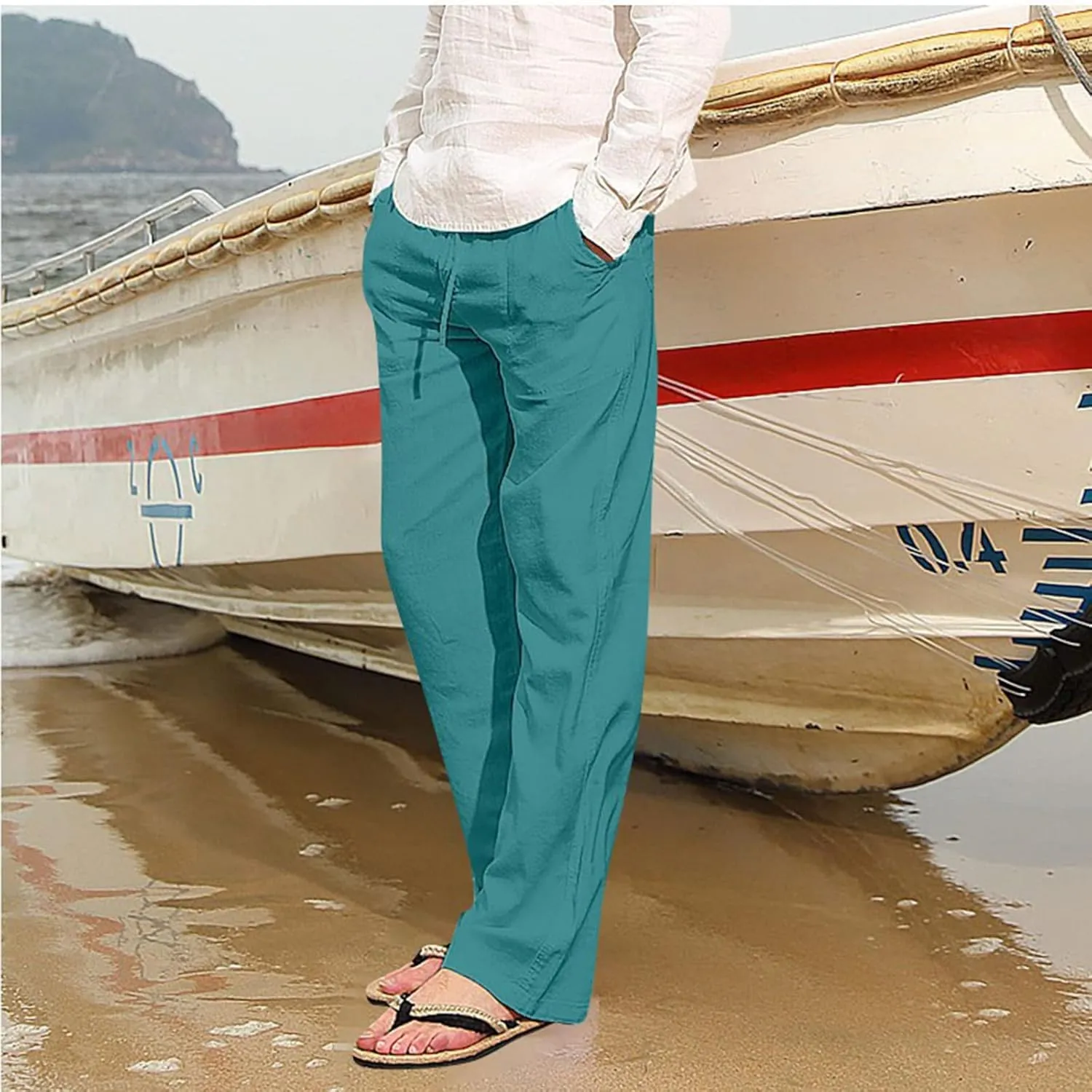 Mens Linen Drawstring Pants Summer Beach Lightweight Elastic Waist Casual Jogger Yoga Pants