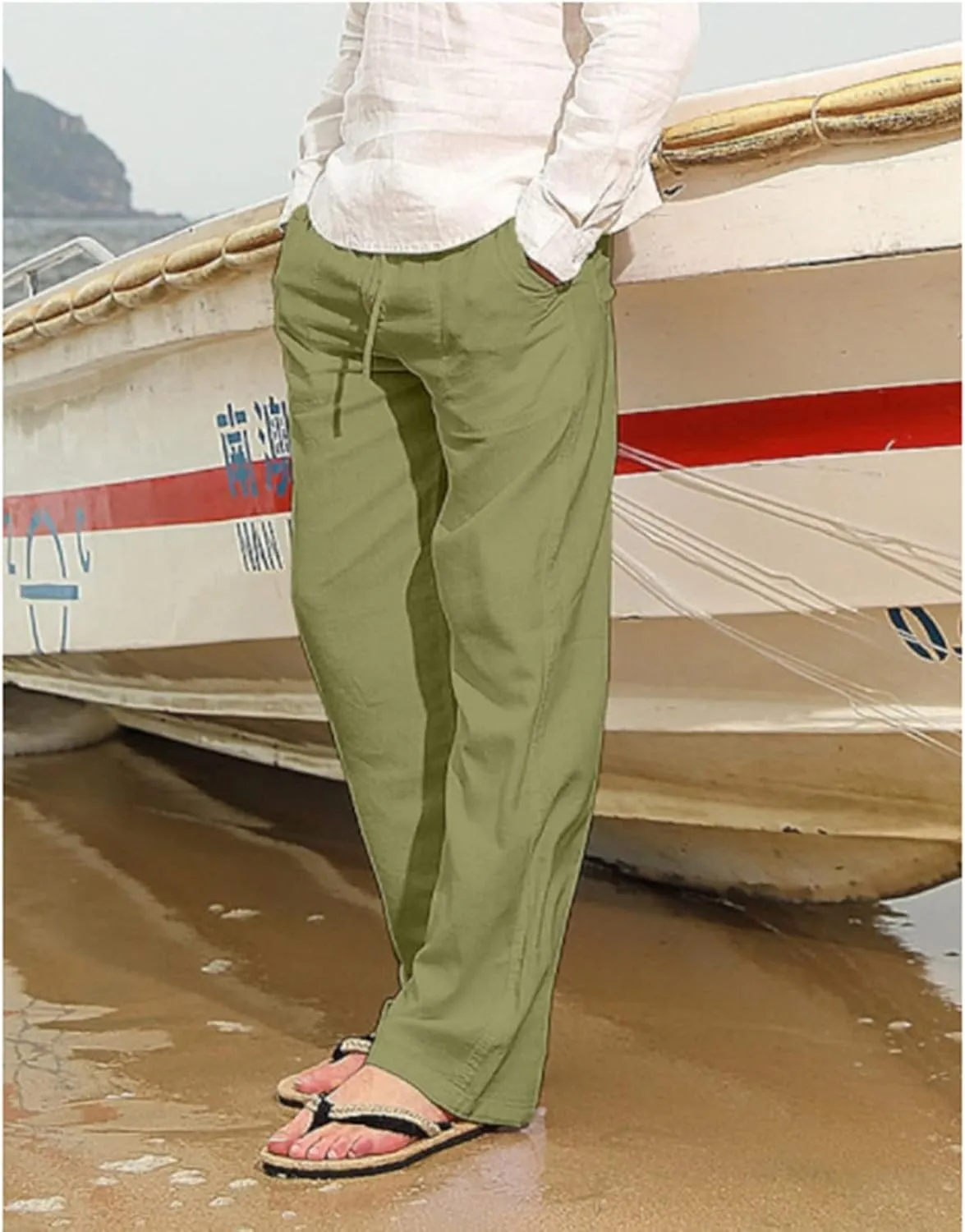 Mens Linen Drawstring Pants Summer Beach Lightweight Elastic Waist Casual Jogger Yoga Pants