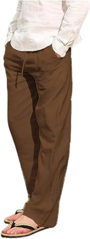 Mens Linen Drawstring Pants Summer Beach Lightweight Elastic Waist Casual Jogger Yoga Pants