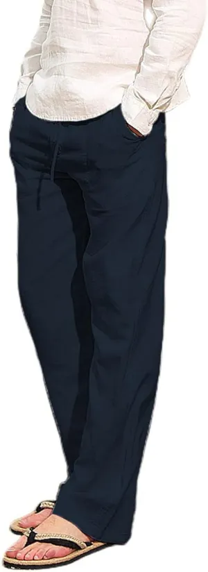 Mens Linen Drawstring Pants Summer Beach Lightweight Elastic Waist Casual Jogger Yoga Pants