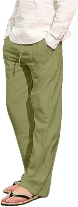 Mens Linen Drawstring Pants Summer Beach Lightweight Elastic Waist Casual Jogger Yoga Pants