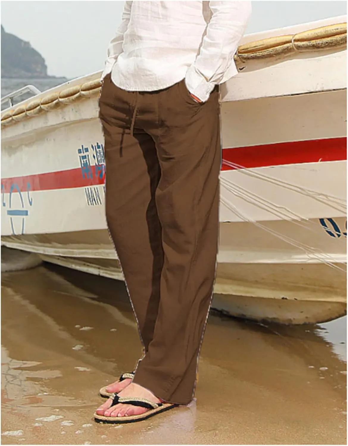 Mens Linen Drawstring Pants Summer Beach Lightweight Elastic Waist Casual Jogger Yoga Pants