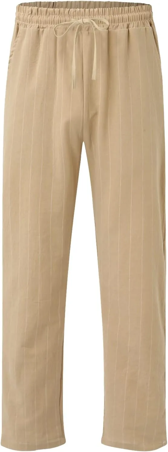 Men's Linen Elastic Waist Pants Lightweight Casual Pant Slim Fit Yoga Beach Pants with Pockets