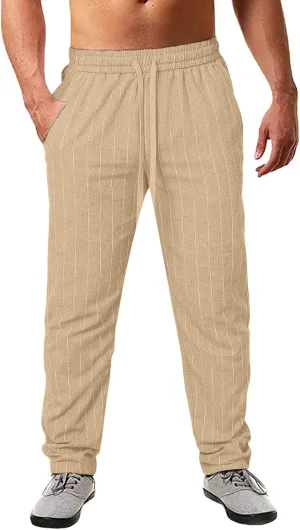 Men's Linen Elastic Waist Pants Lightweight Casual Pant Slim Fit Yoga Beach Pants with Pockets