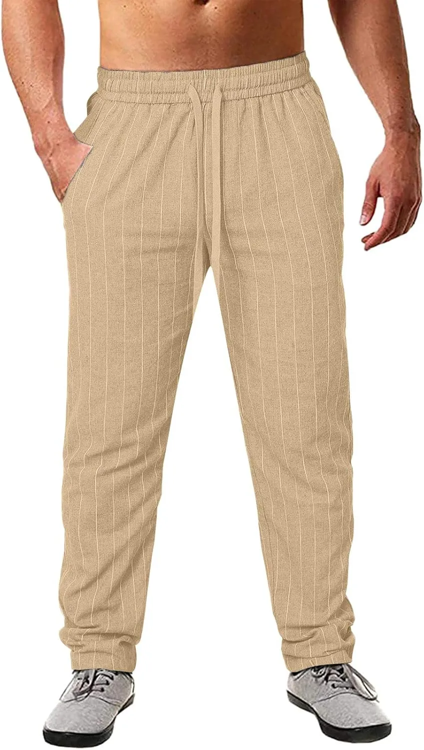 Men's Linen Elastic Waist Pants Lightweight Casual Pant Slim Fit Yoga Beach Pants with Pockets
