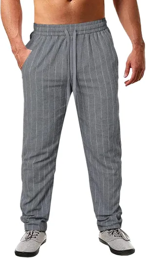 Men's Linen Elastic Waist Pants Lightweight Casual Pant Slim Fit Yoga Beach Pants with Pockets