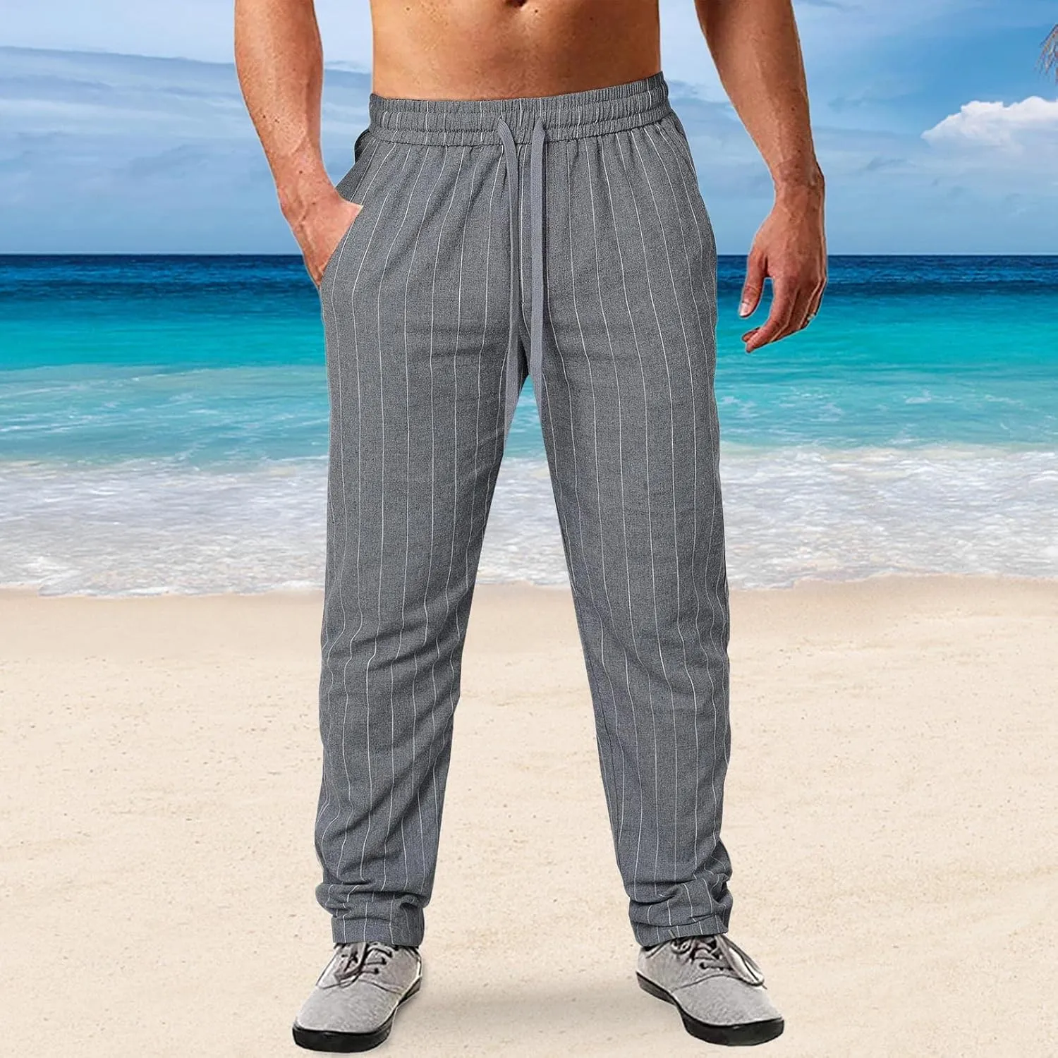 Men's Linen Elastic Waist Pants Lightweight Casual Pant Slim Fit Yoga Beach Pants with Pockets