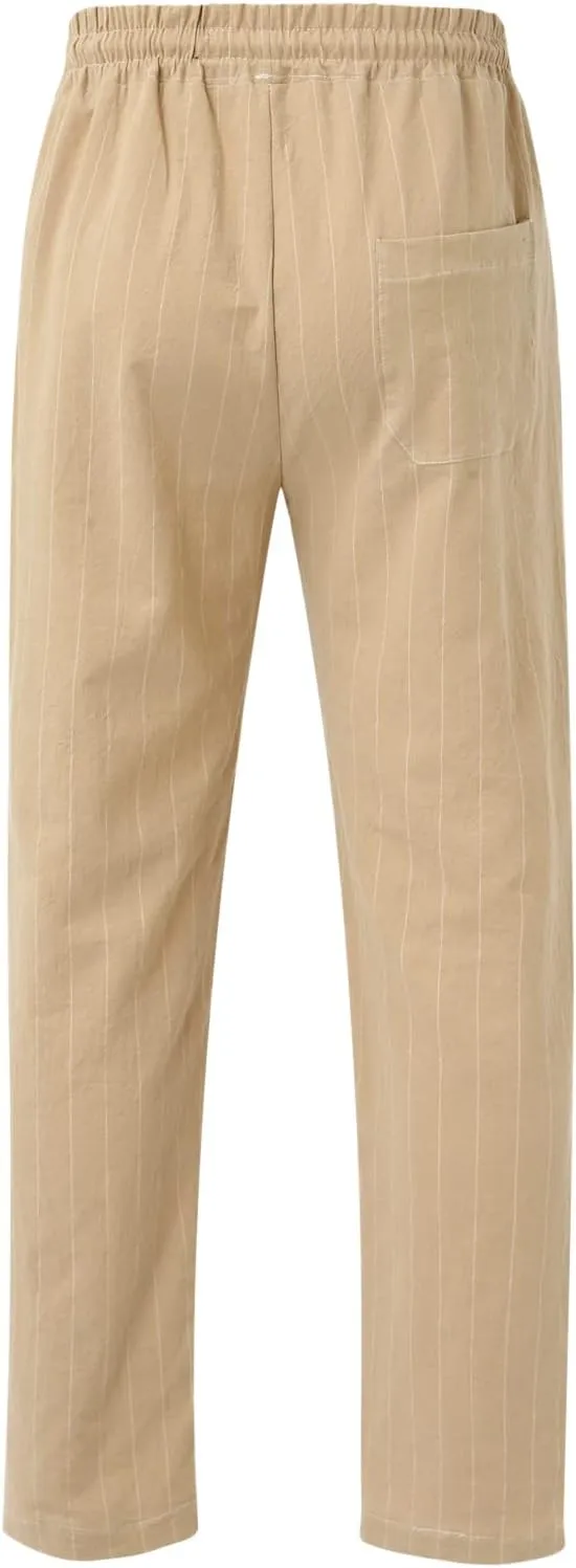 Men's Linen Elastic Waist Pants Lightweight Casual Pant Slim Fit Yoga Beach Pants with Pockets