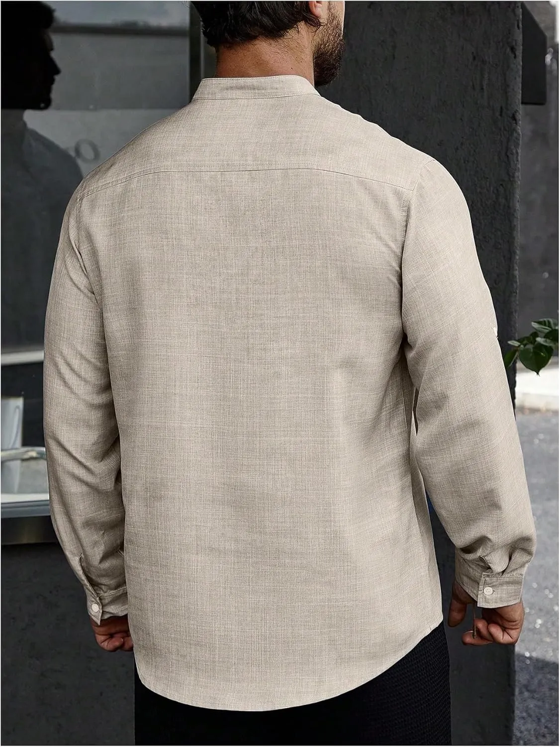Men's Linen Henley Shirts Roll Up Long Sleeve Hippie Casual T Shirts