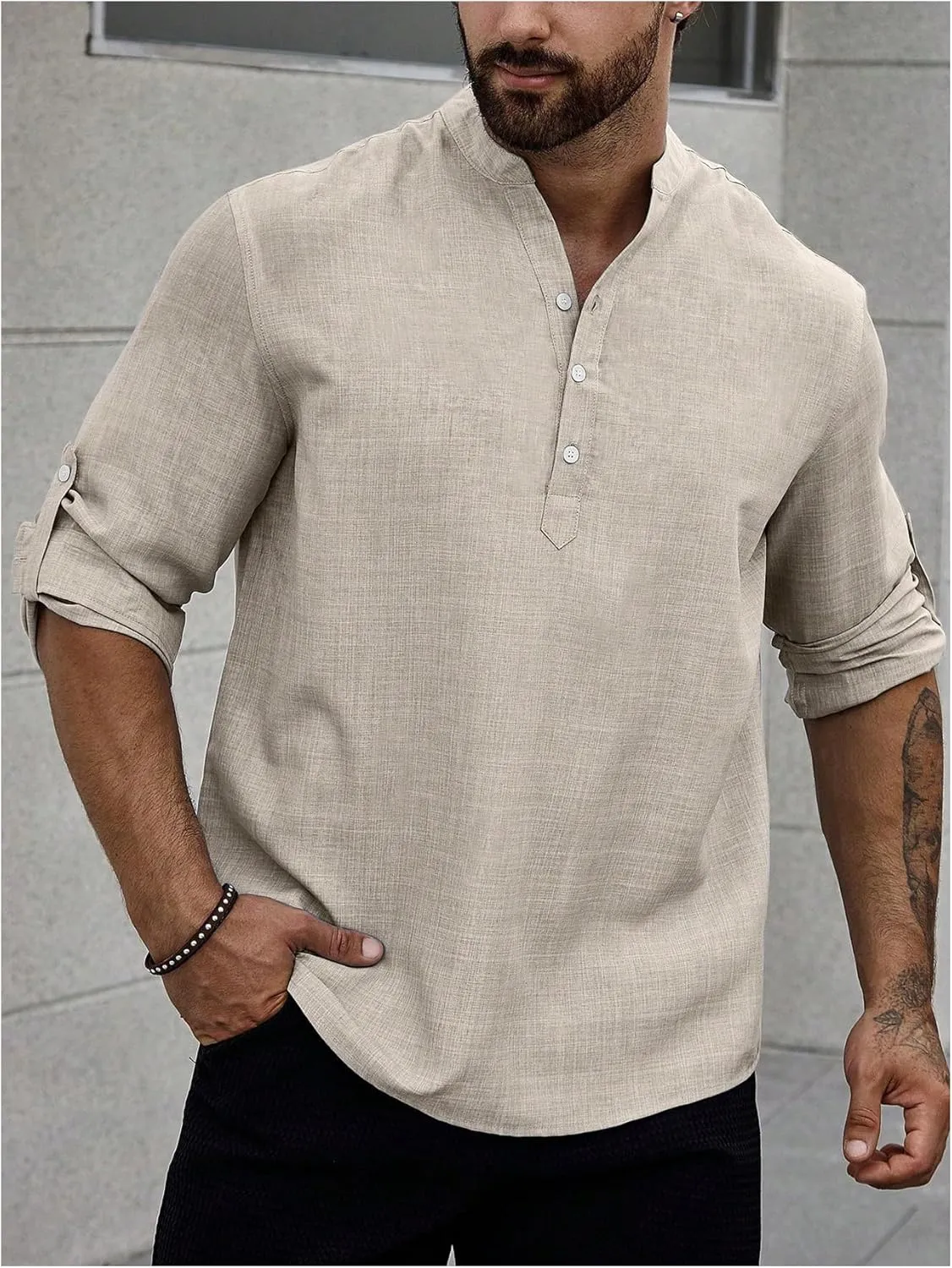 Men's Linen Henley Shirts Roll Up Long Sleeve Hippie Casual T Shirts