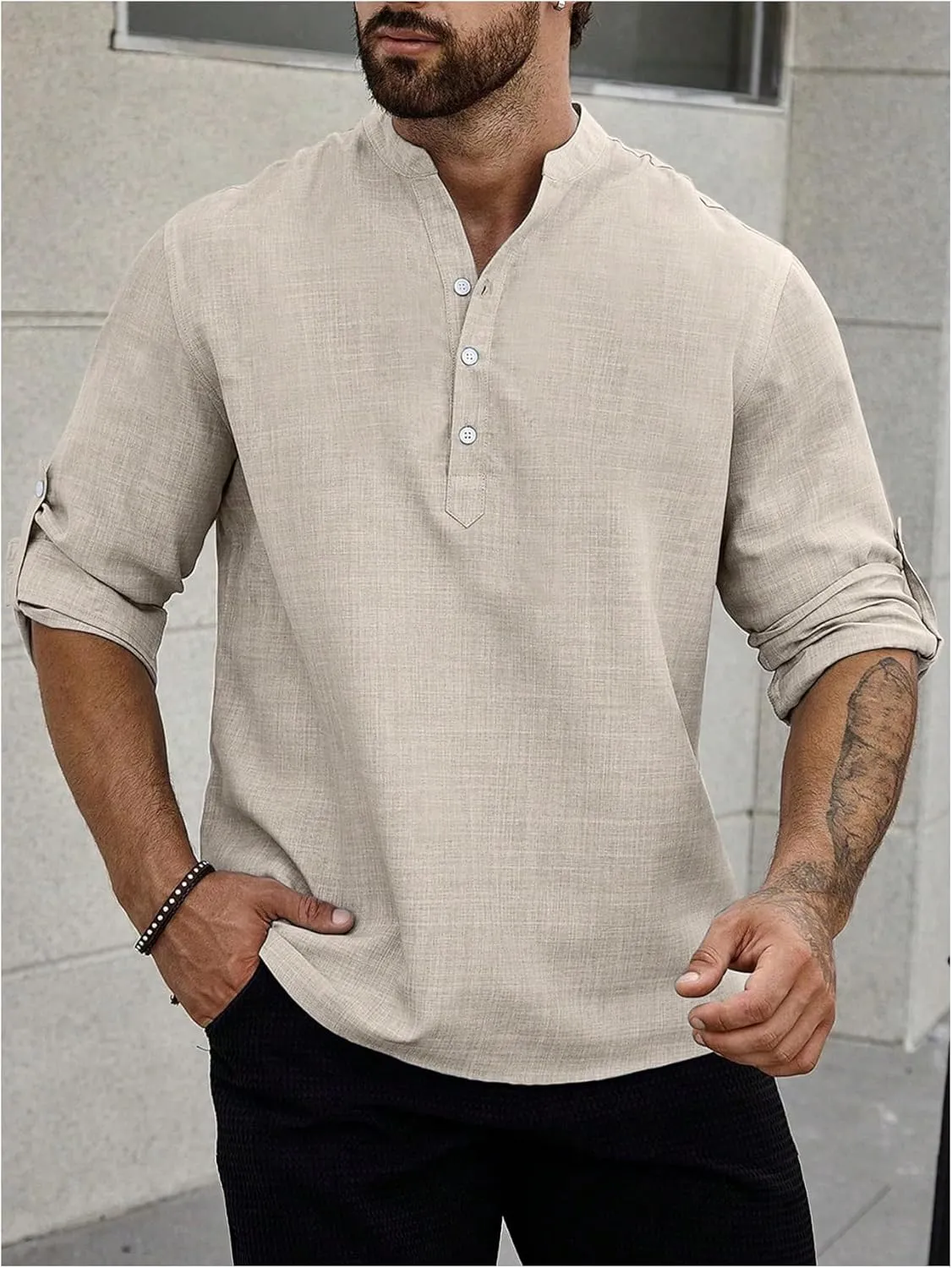 Men's Linen Henley Shirts Roll Up Long Sleeve Hippie Casual T Shirts