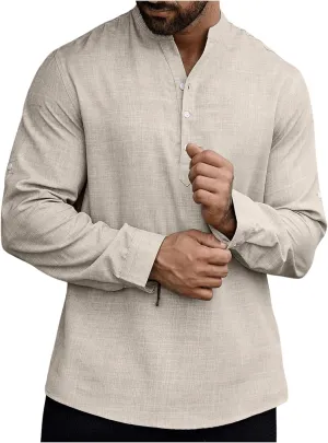 Men's Linen Henley Shirts Roll Up Long Sleeve Hippie Casual T Shirts