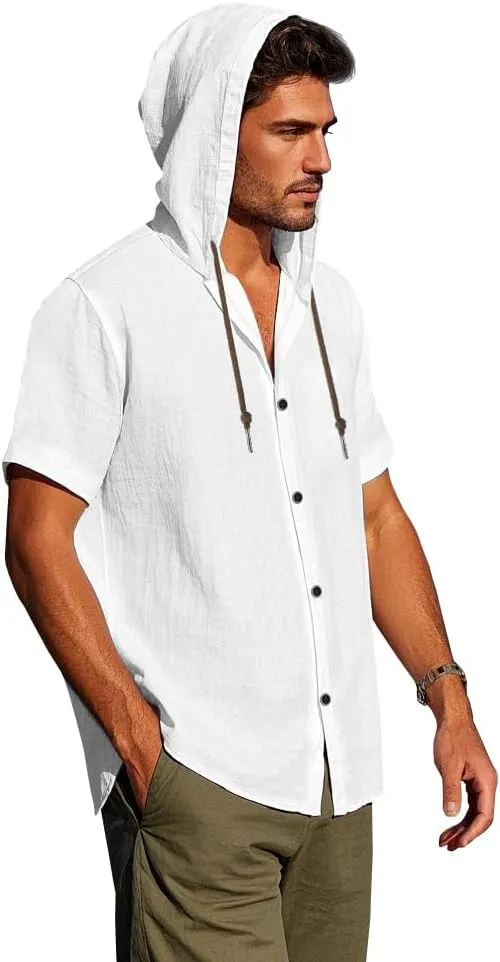 Mens Linen Hoodies Short Sleeve Button Down Shirts Casual Hawaiian Beach Yoga Sweatshirts