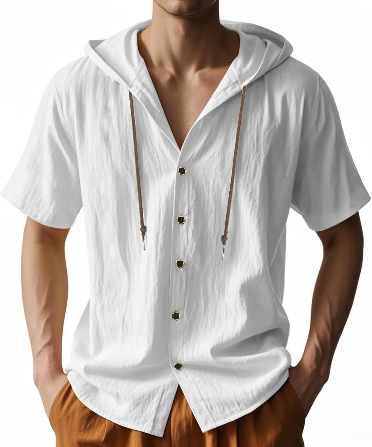Mens Linen Hoodies Short Sleeve Button Down Shirts Casual Hawaiian Beach Yoga Sweatshirts