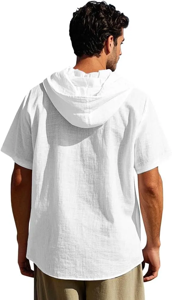 Mens Linen Hoodies Short Sleeve Button Down Shirts Casual Hawaiian Beach Yoga Sweatshirts