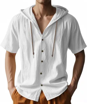 Mens Linen Hoodies Short Sleeve Button Down Shirts Casual Hawaiian Beach Yoga Sweatshirts