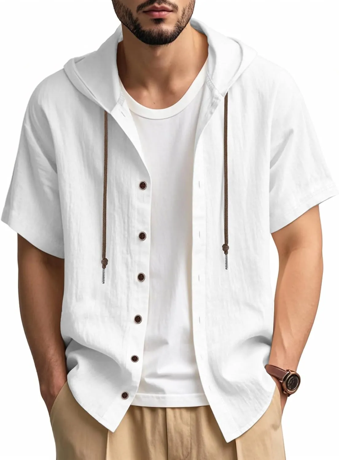 Mens Linen Hoodies Short Sleeve Button Down Shirts Casual Hawaiian Beach Yoga Sweatshirts