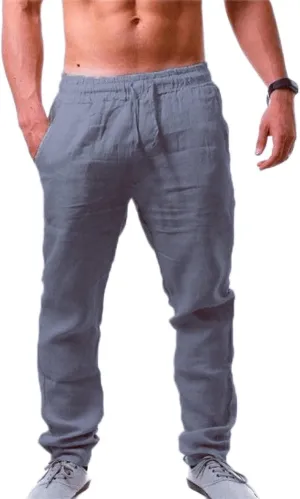 Men's Linen Pants Casual Long Pants - Lightweight Drawstring Yoga Beach Trousers Casual Loose Fit Trousers