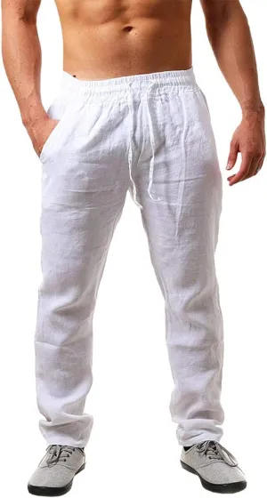 Men's Linen Pants Casual Long Pants - Lightweight Drawstring Yoga Beach Trousers Casual Loose Fit Trousers