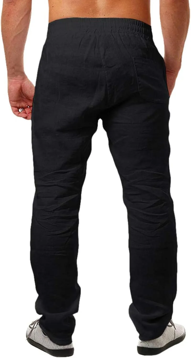 Men's Linen Pants Casual Long Pants - Lightweight Drawstring Yoga Beach Trousers Casual Loose Fit Trousers