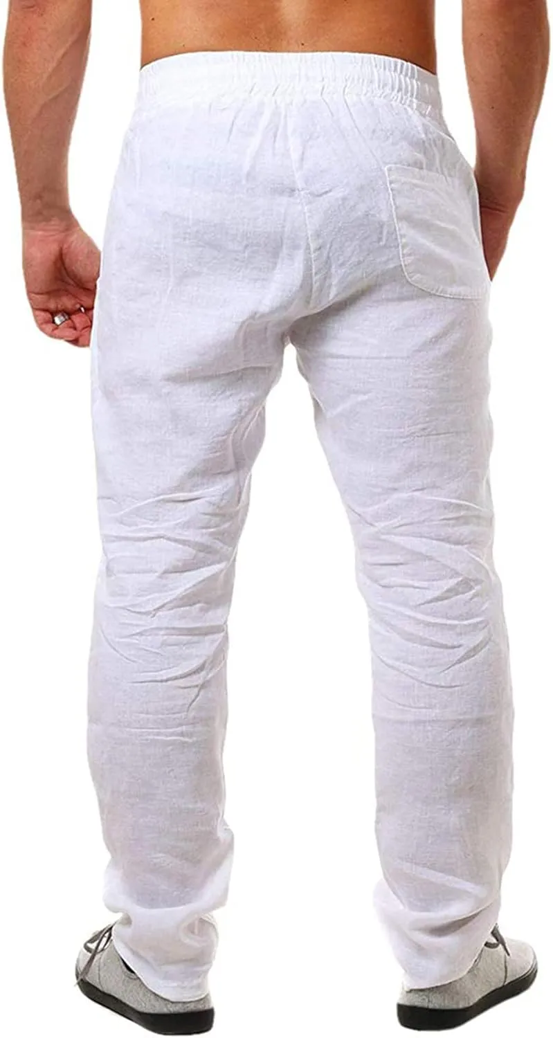 Men's Linen Pants Casual Long Pants - Lightweight Drawstring Yoga Beach Trousers Casual Loose Fit Trousers