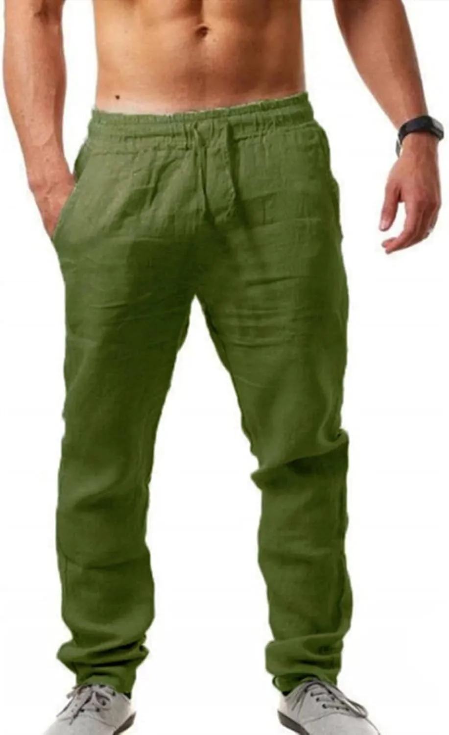Men's Linen Pants Casual Long Pants - Lightweight Drawstring Yoga Beach Trousers Casual Loose Fit Trousers