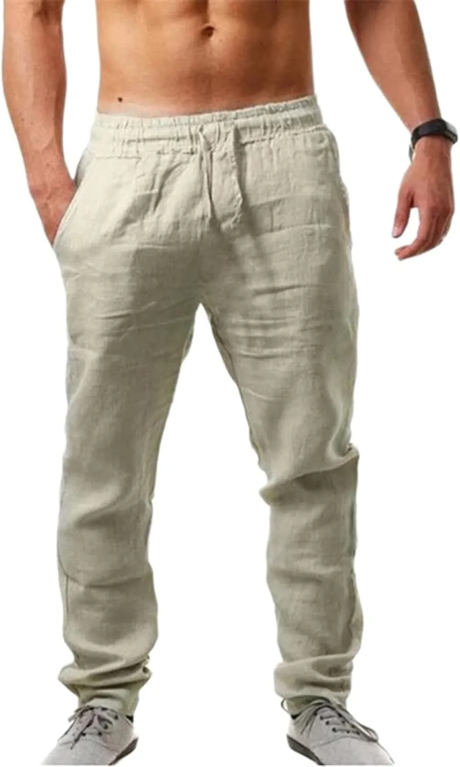 Men's Linen Pants Casual Long Pants - Lightweight Drawstring Yoga Beach Trousers Casual Loose Fit Trousers