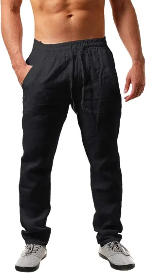 Men's Linen Pants Casual Long Pants - Lightweight Drawstring Yoga Beach Trousers Casual Loose Fit Trousers